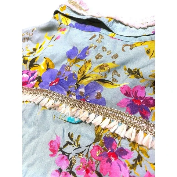 Aratta Silent Journey Floral Button Down Sage Green Tunic Fringe Boho Top Large - Picture 10 of 10